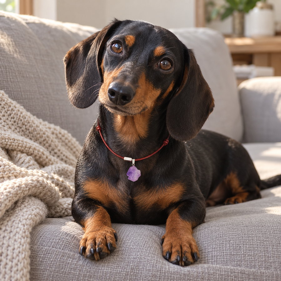 Black and tan dachshund wearing the raw amethyst necklace