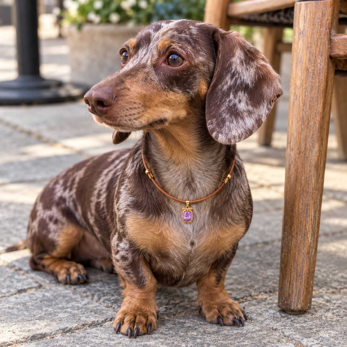 Dapple dachshund wearing the gold-frame amethyst necklace