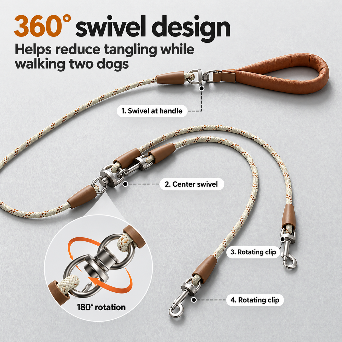 Convertible Double-Dog Rope Leash — swivels
