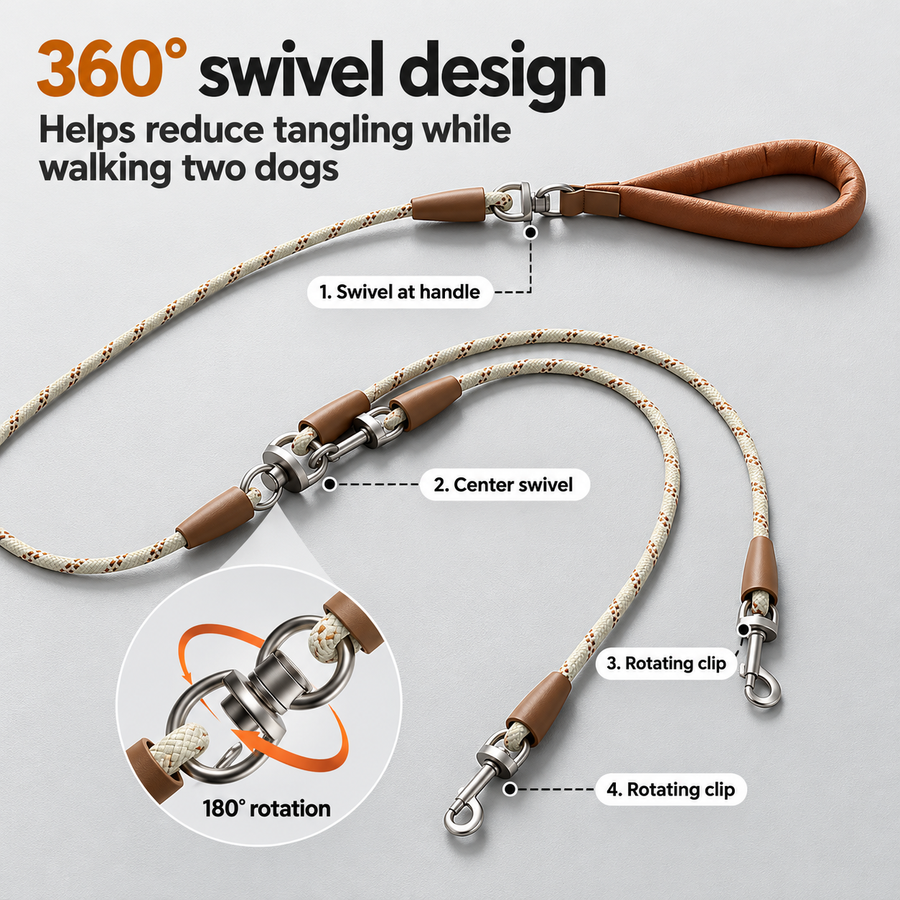 Convertible Two-Dog Rope Leash — swivels