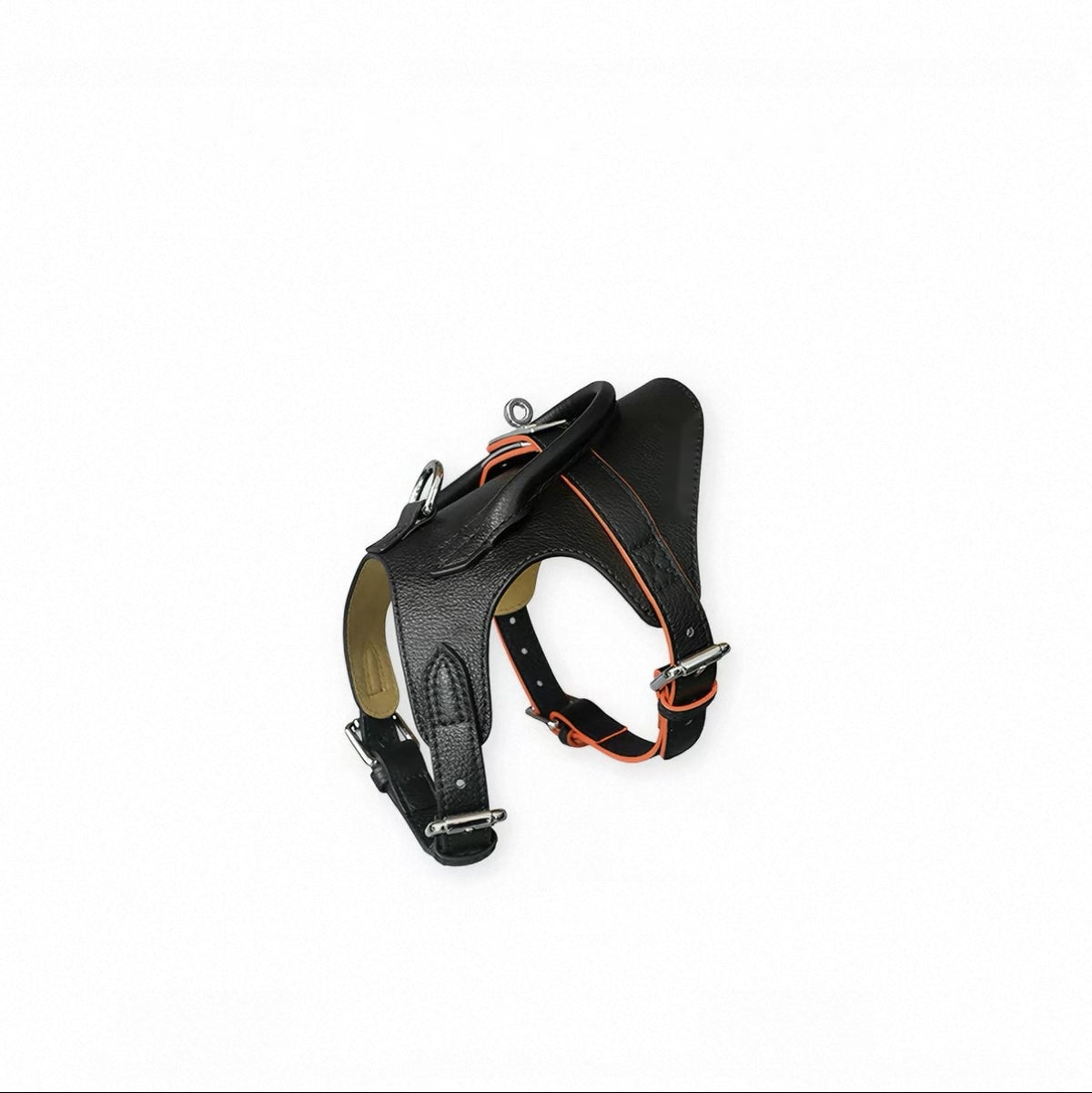 Black Leather Top-Handle Harness in premium-grade leather with orange edging and a curved top handle