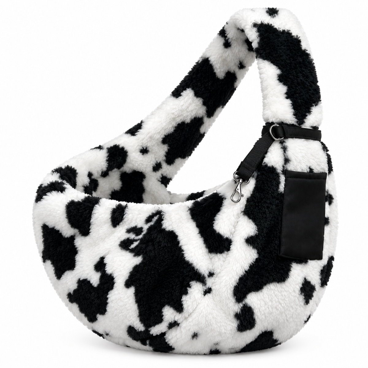 Cow-Print Fleece Dog Sling Carrier worn over one shoulder