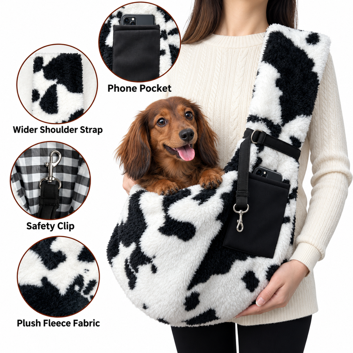 Outside pocket and inside harness clip on the Cow-Print Fleece Dog Sling Carrier