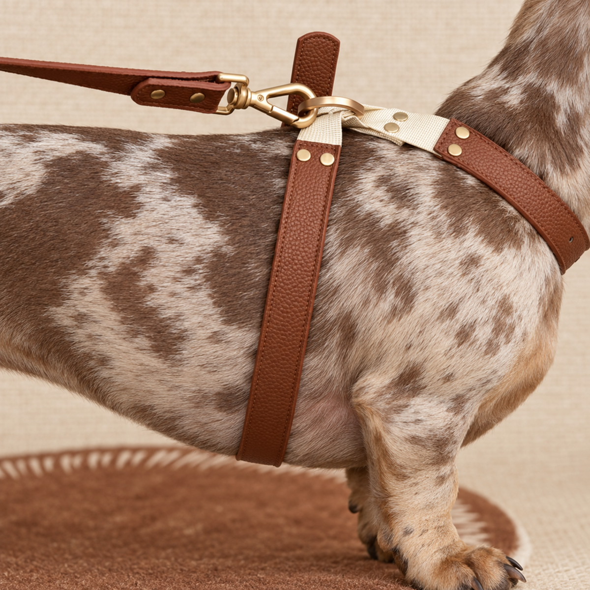Close-up of the harness ivory webbing junction, gold-tone D-ring and attached leash clip