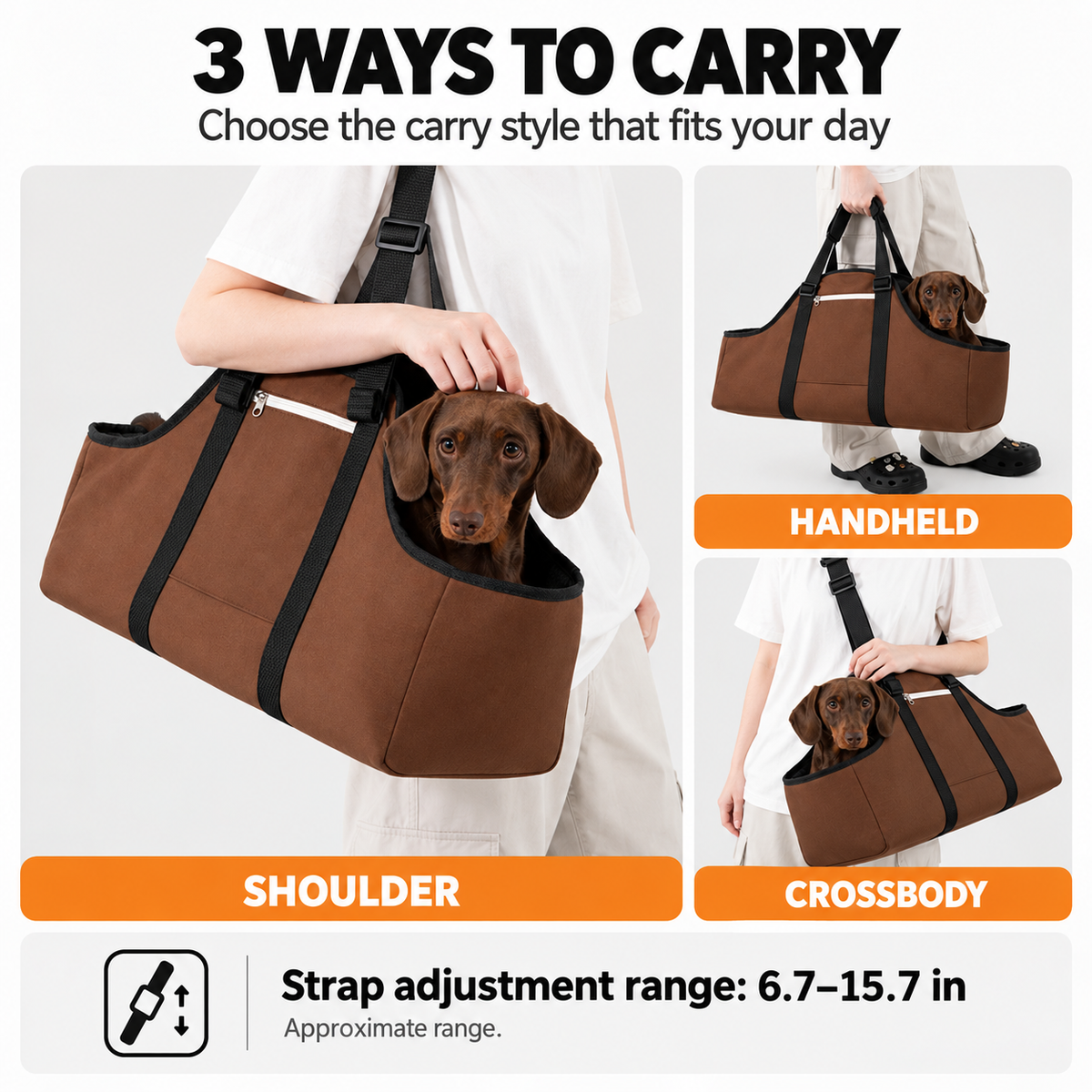 Shoulder, crossbody and hand carry options with adjustable strap