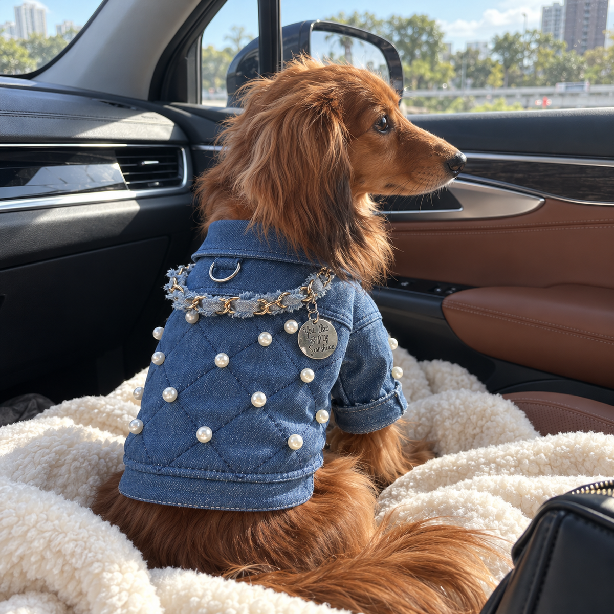Dachshund riding in a car in the Pearl & Chain jacket
