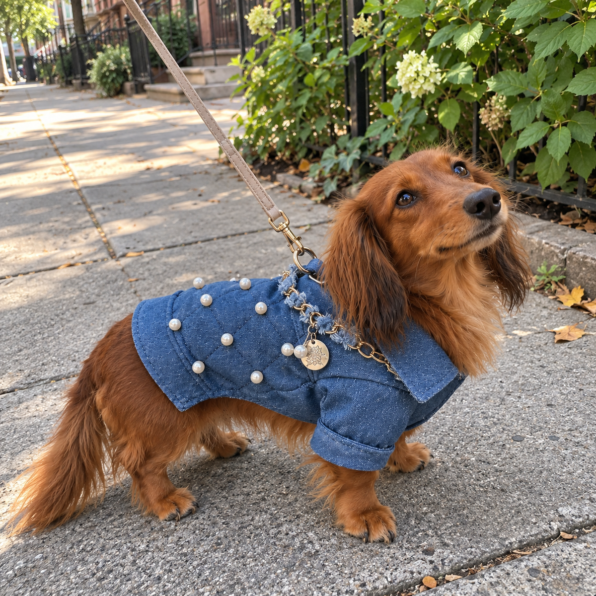 Dachshund on a neighborhood walk in the Pearl & Chain denim jacket