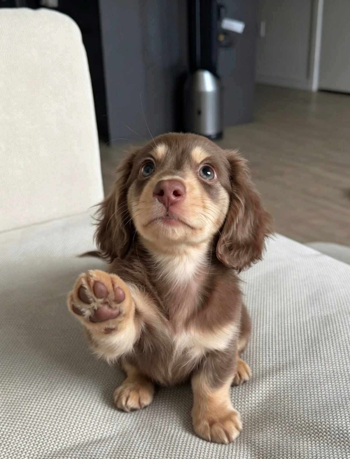 A dachshund puppy raising a paw on a sofa