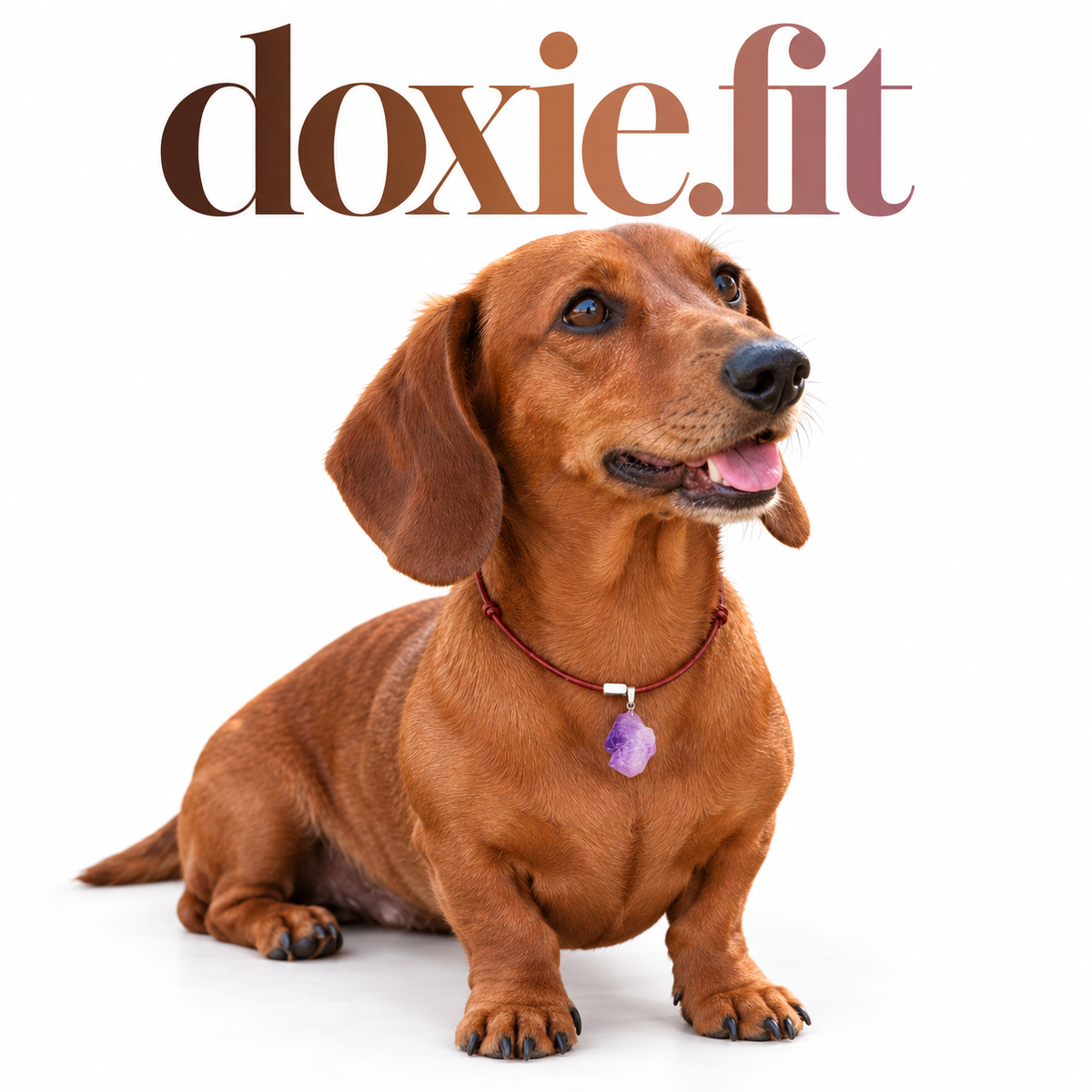Red dachshund wearing the raw amethyst necklace on a white doxie.fit cover