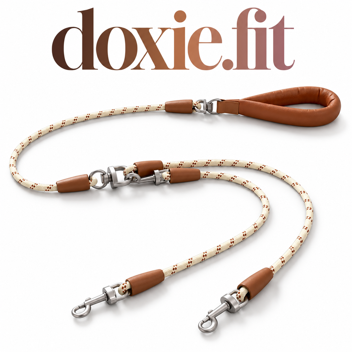 Convertible Two-Dog Rope Leash — white studio cover with centered gradient doxie.fit
