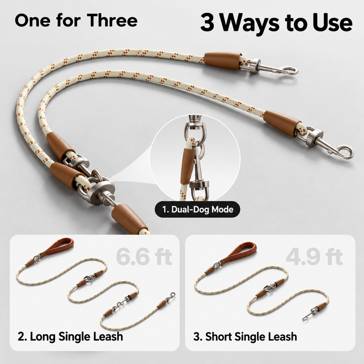 Convertible Two-Dog Rope Leash — modes
