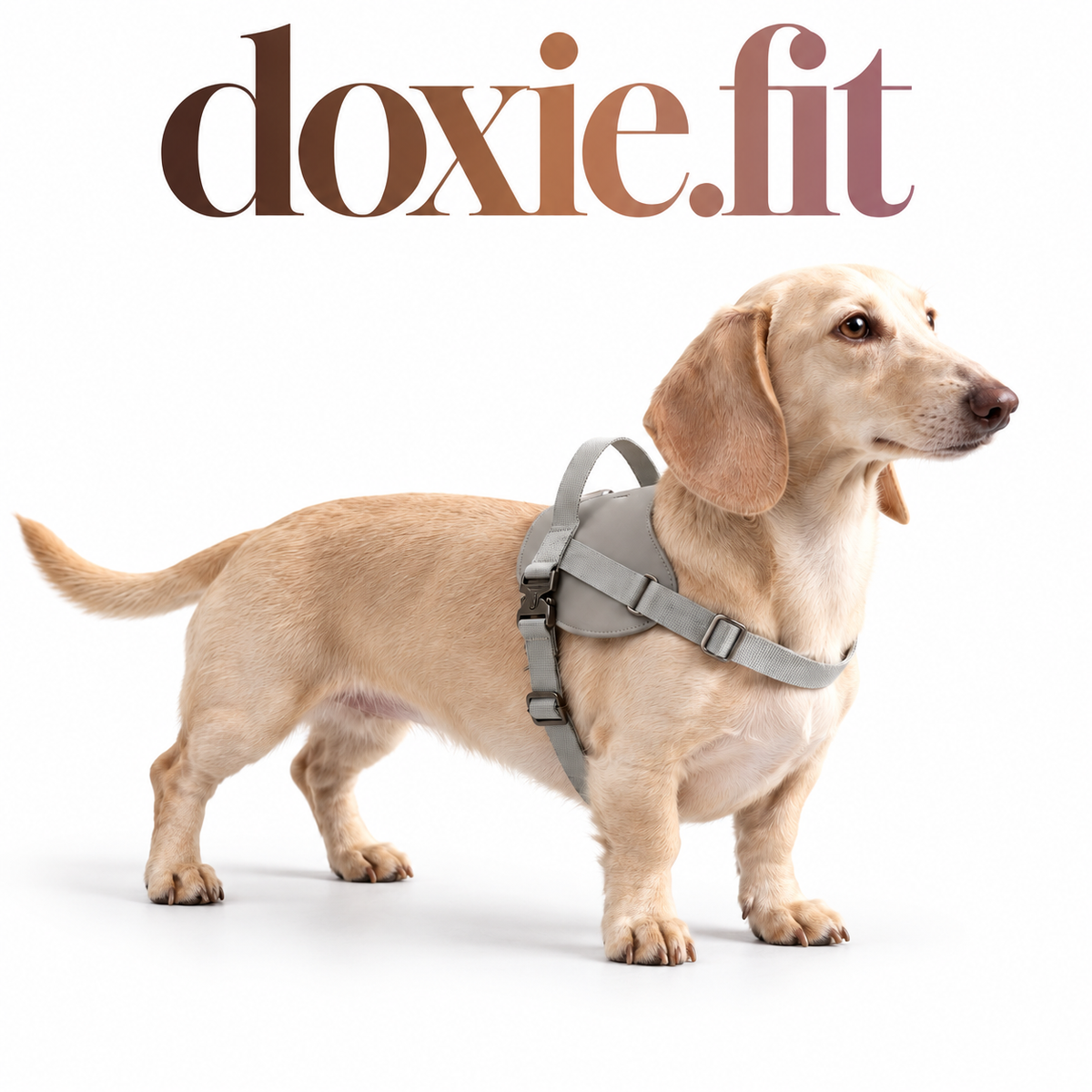 Vegan Leather Saddle Harness — white studio cover with centered gradient doxie.fit