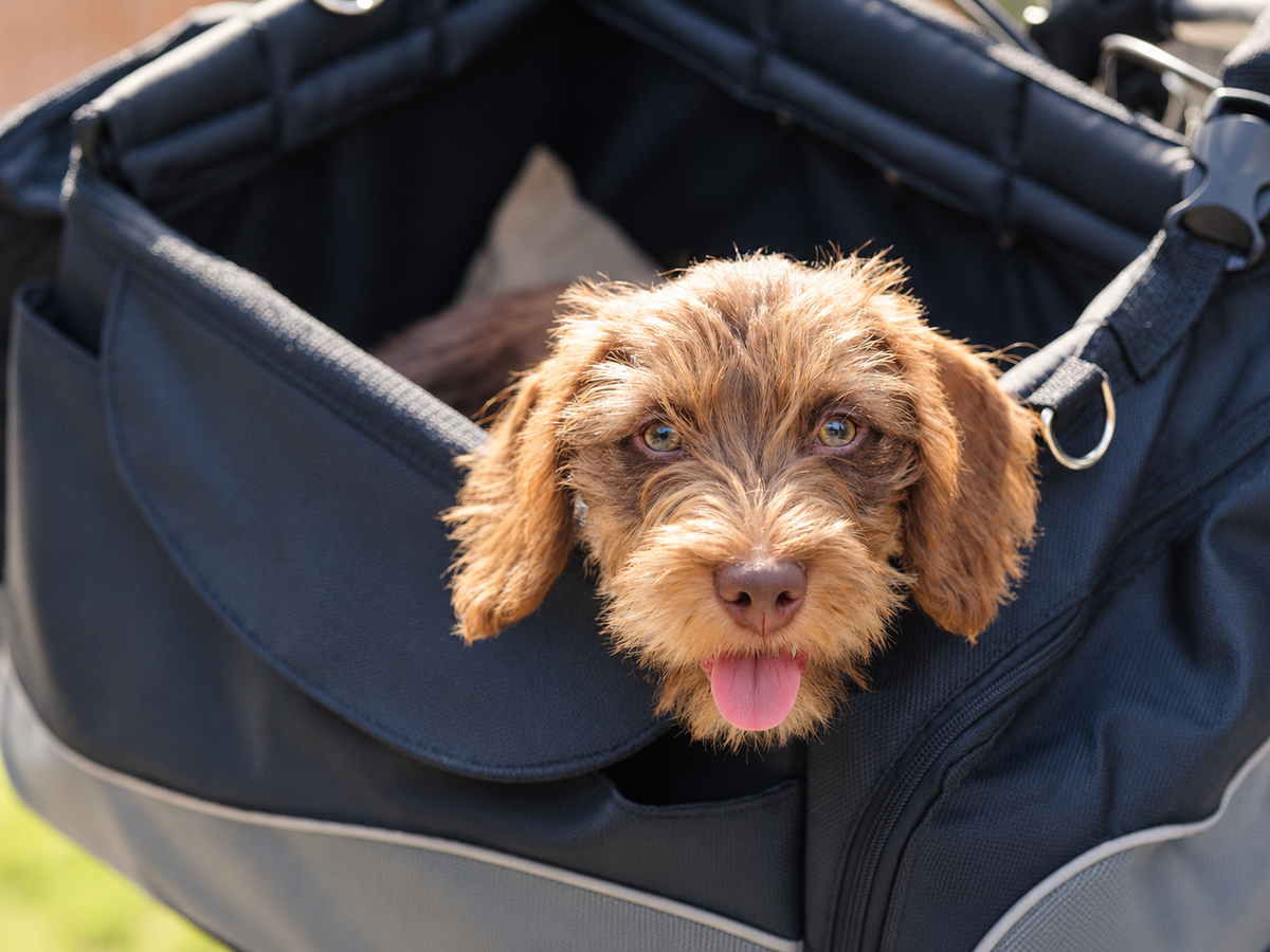 Brown wire-haired dachshund peeking out of a soft pet carrier