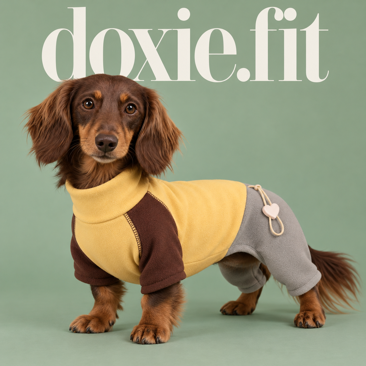Dachshund wearing the Butter / Gray colorblock turtleneck dog onesie