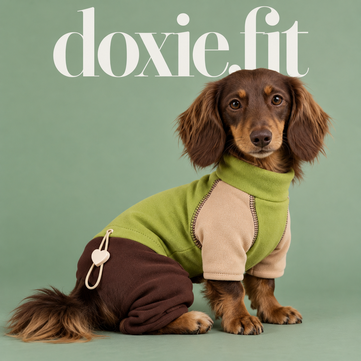 Dachshund wearing the Sage / Cocoa colorblock turtleneck dog onesie