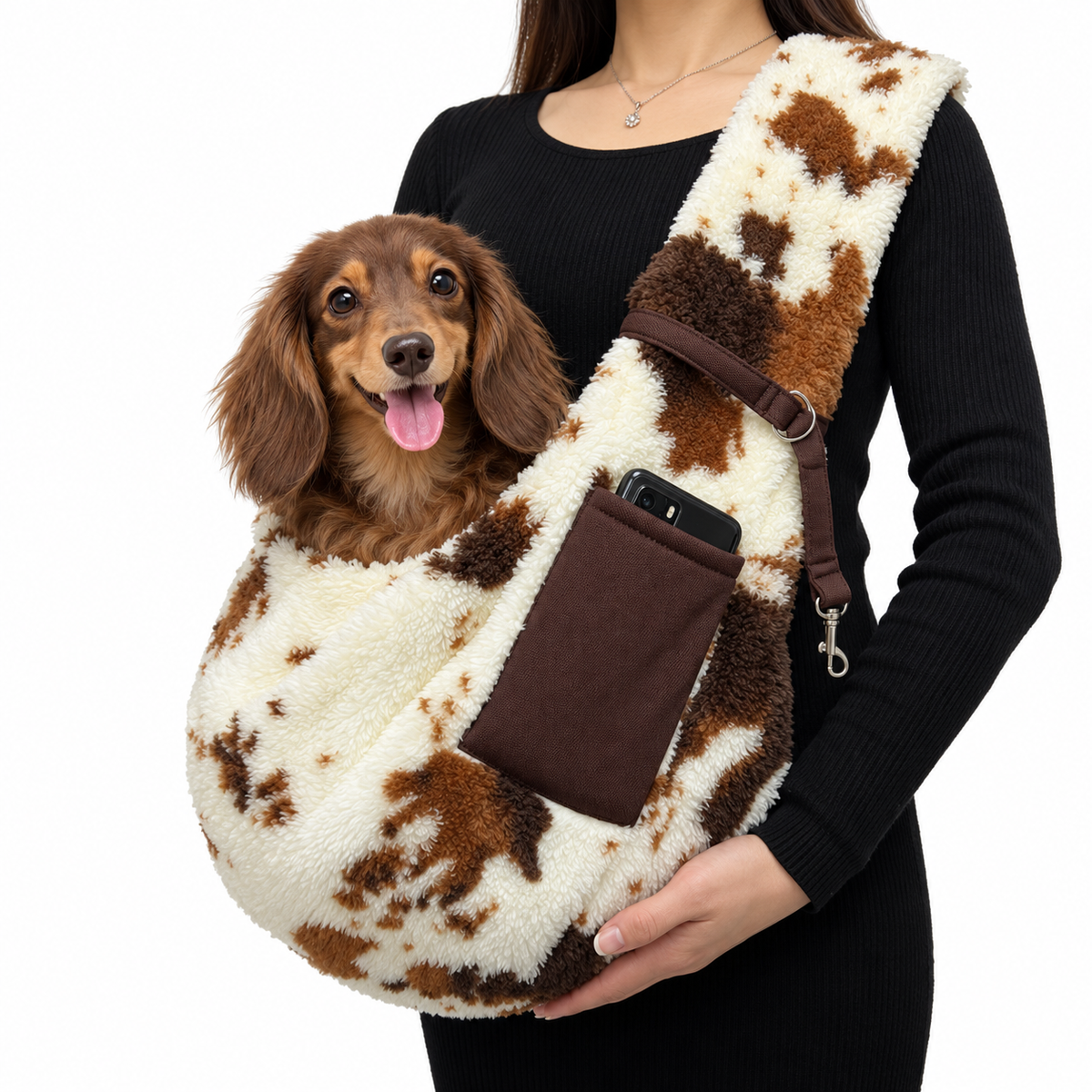 Cow-Print Fleece Sling Carrier in brown / cream