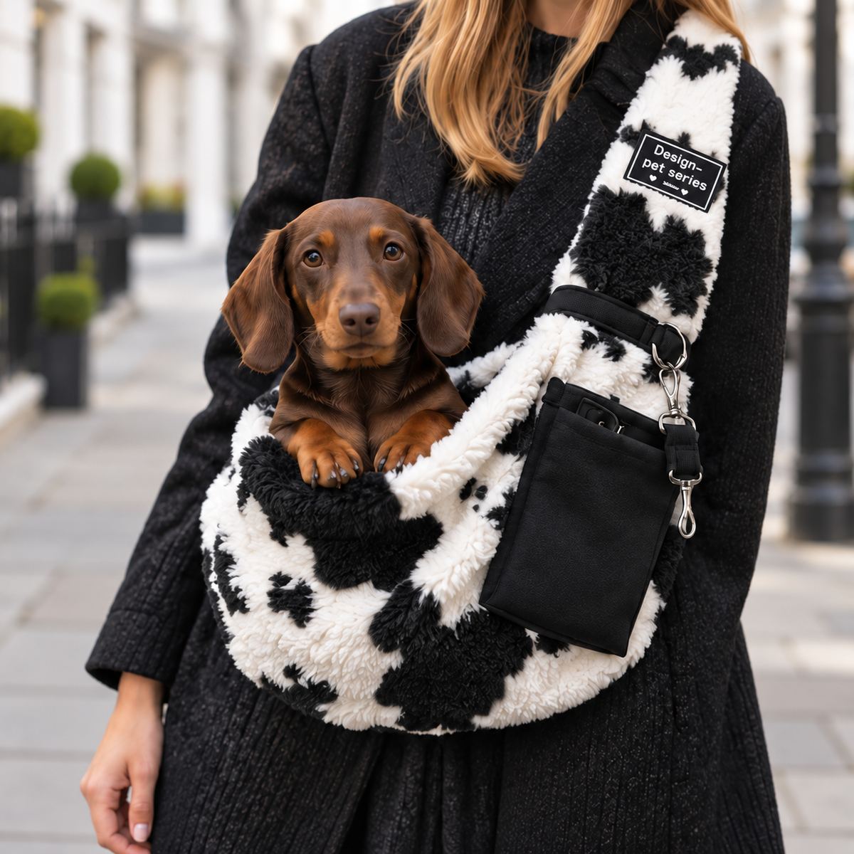 Chocolate dachshund in the black-and-white Cow-Print Fleece Sling Carrier; square photo with extended street background.