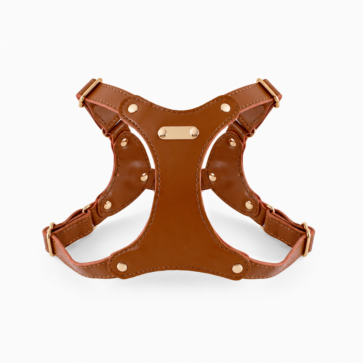 Color-Pop Leather Dog Harness in cognac calf leather with gold-tone buckles