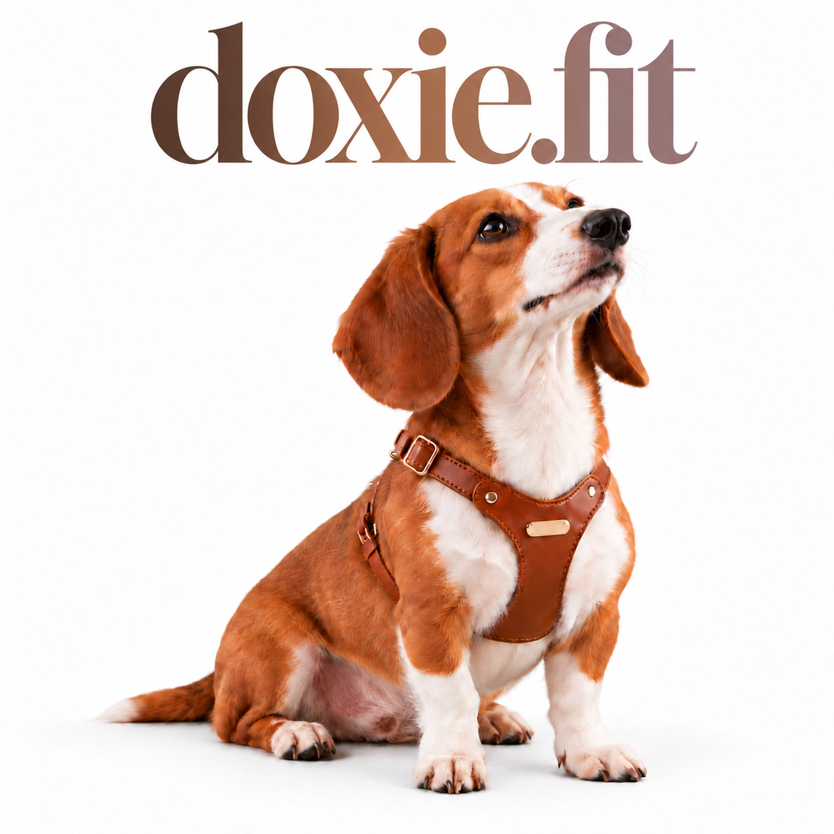 Smooth Calf Leather Harness on a dog, white studio background with centered gradient doxie.fit wordmark