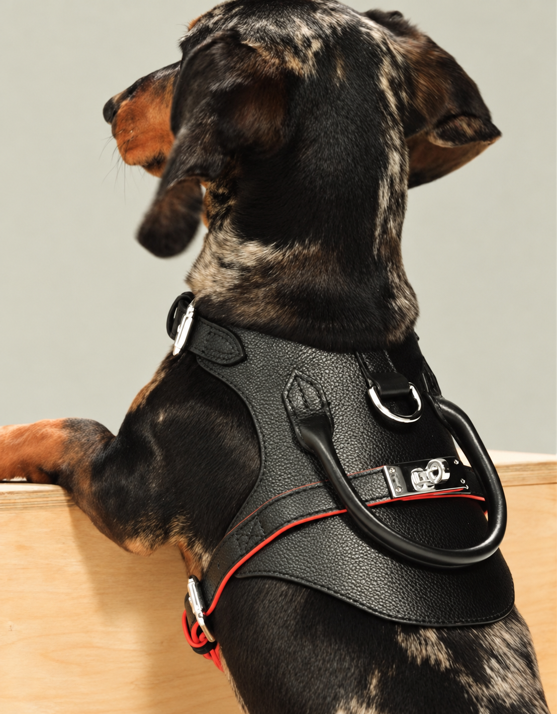 Dapple dachshund wearing the black leather top-handle harness, rear three-quarter view