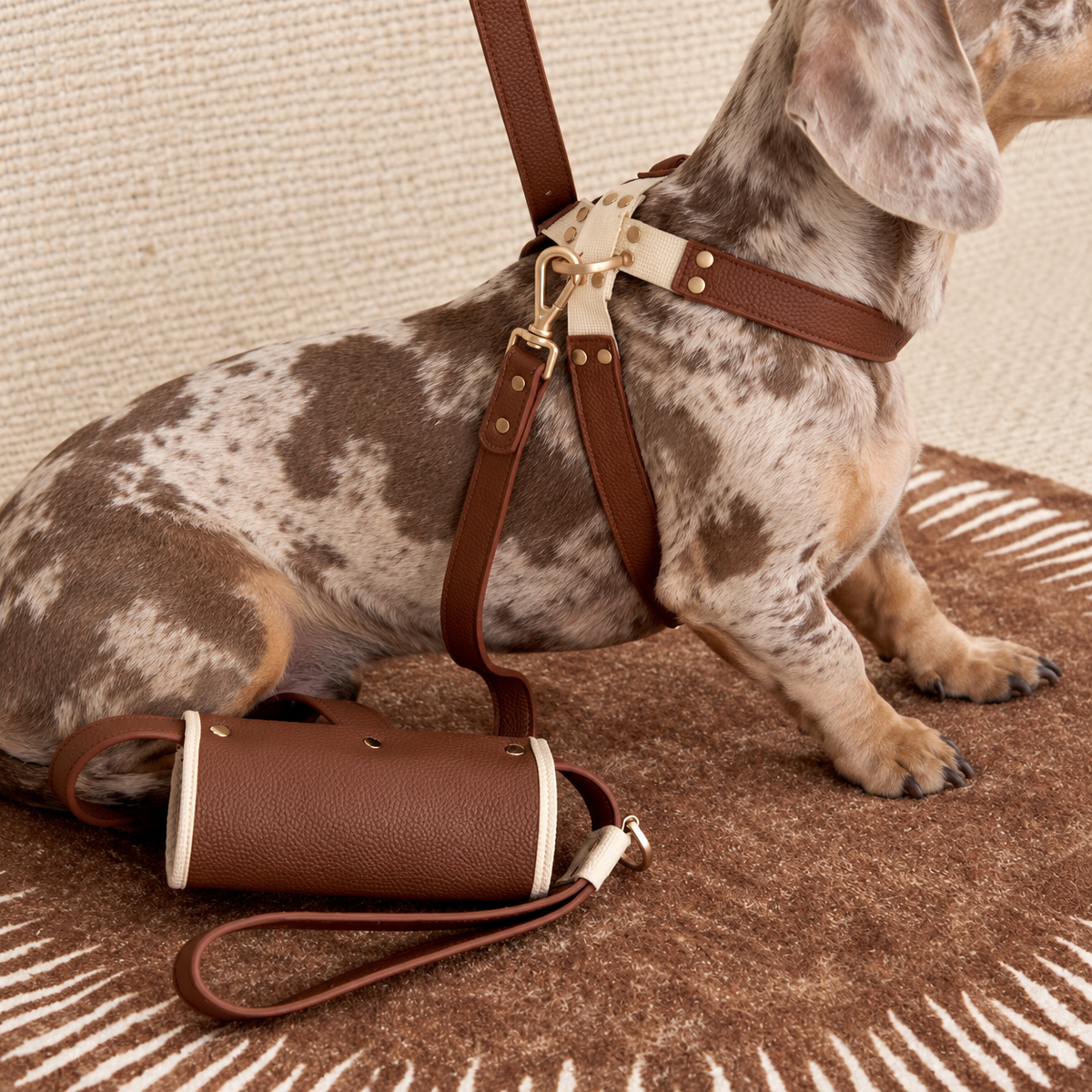 Dapple dachshund wearing the chestnut and cream harness beside its folded matching leash