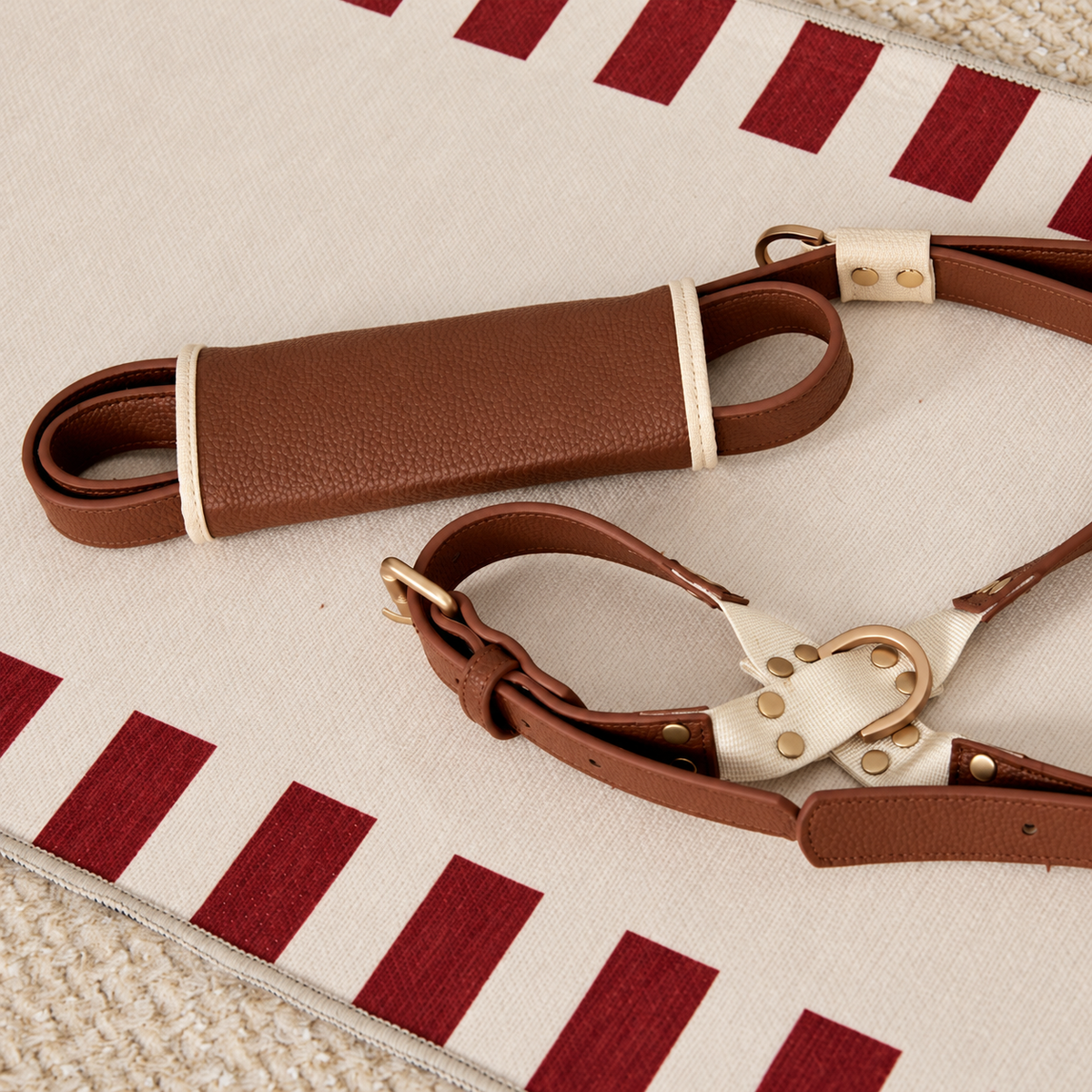Chestnut and cream Heritage harness and matching stowaway leash on a striped mat