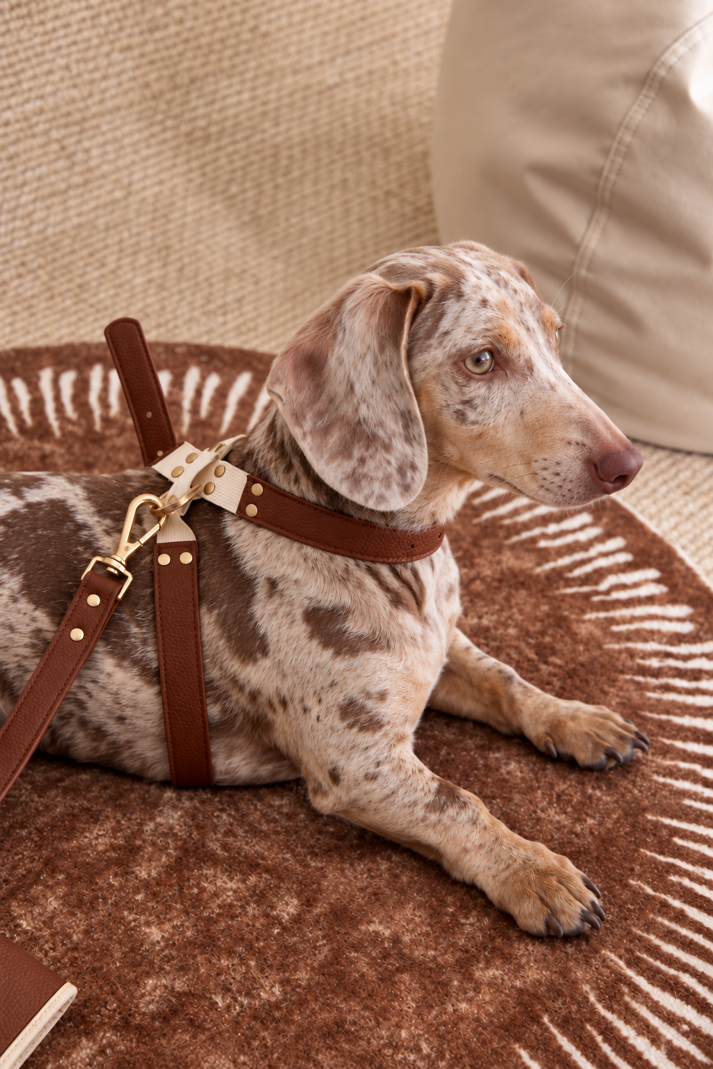 Dapple dachshund resting on a rug in the Heritage Two-Tone Harness