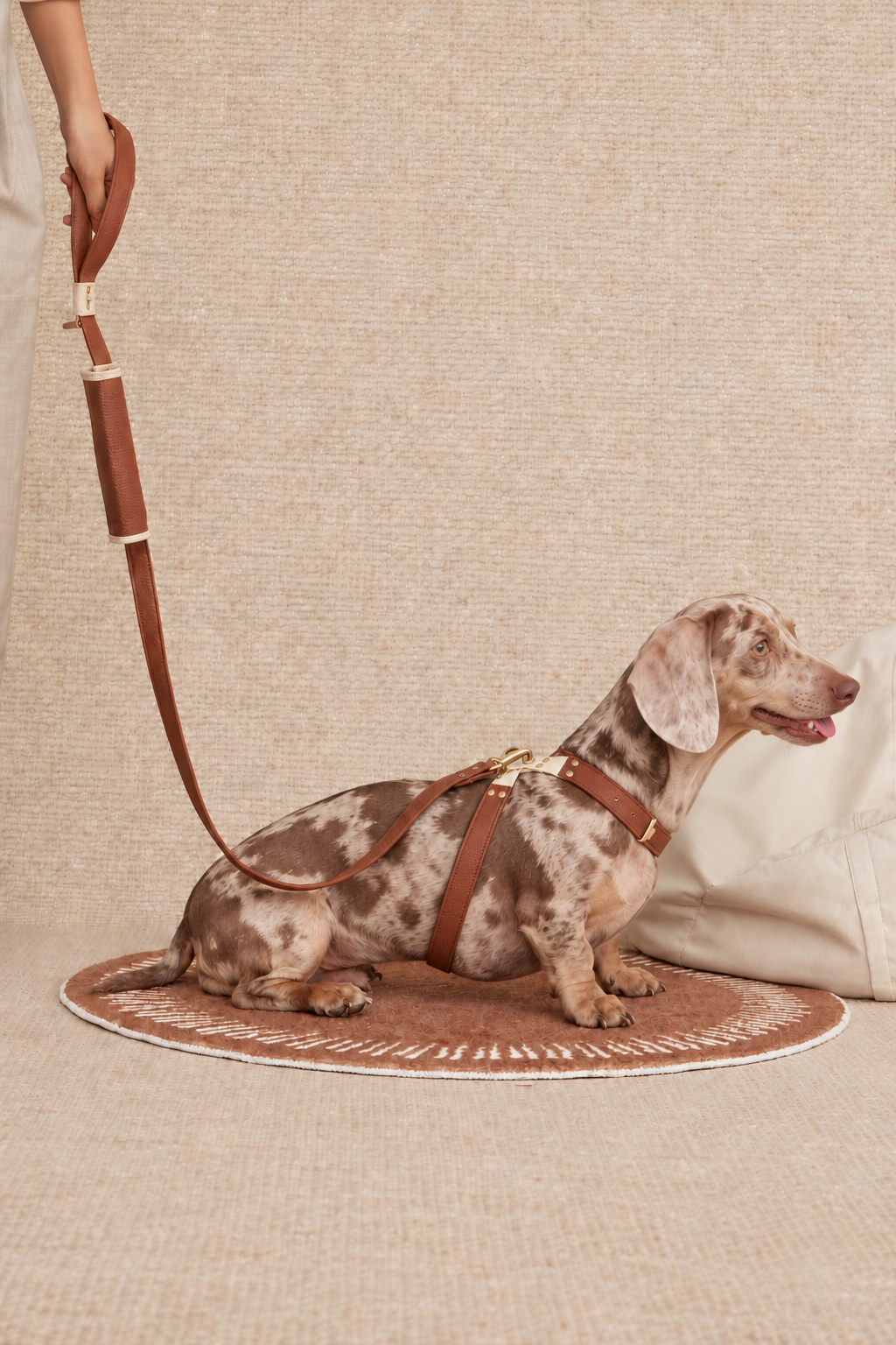 Relaxed dapple dachshund looking up with a gently open mouth while wearing the chestnut and cream Heritage harness and matching leash