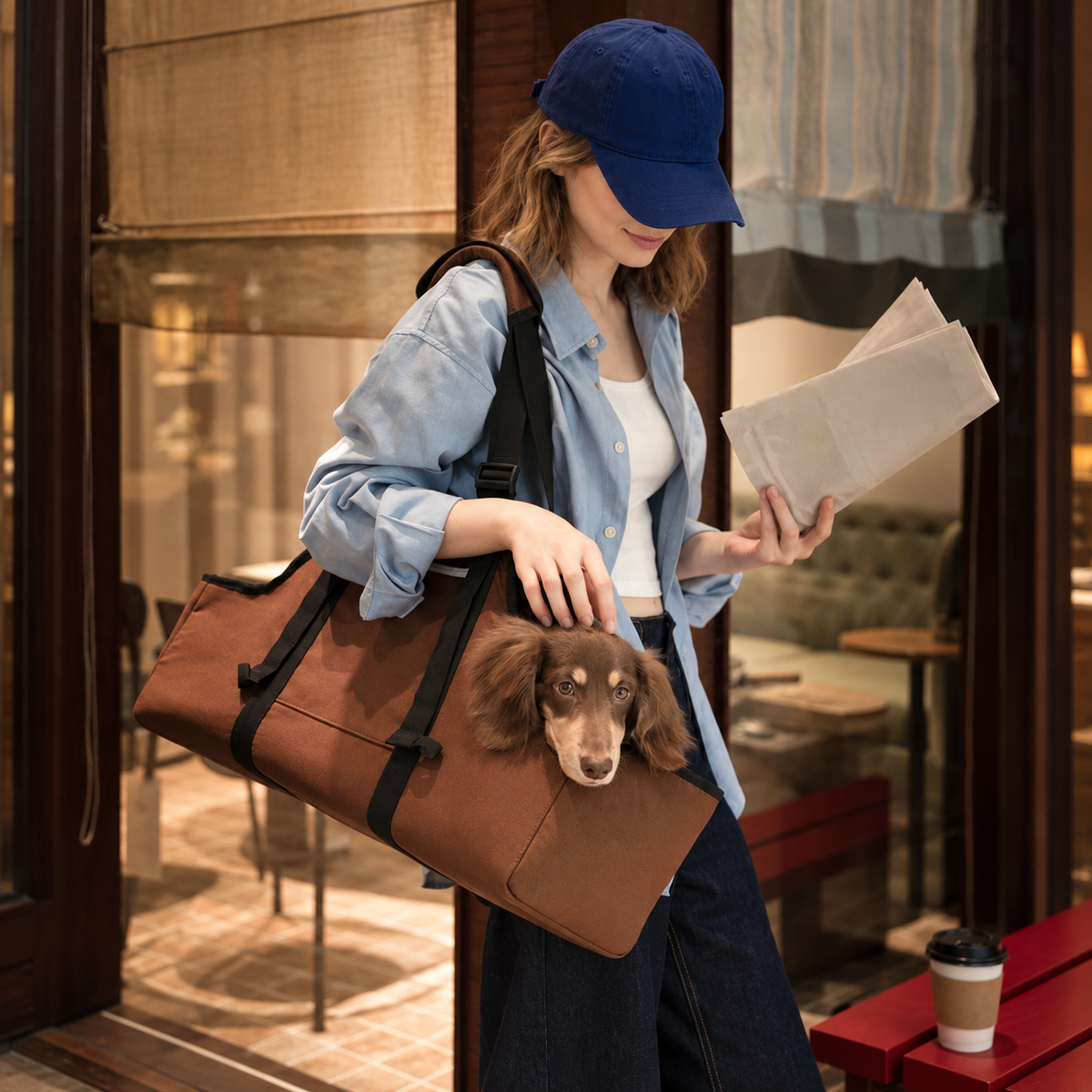 A dachshund riding in the brown shoulder carrier at a cafe