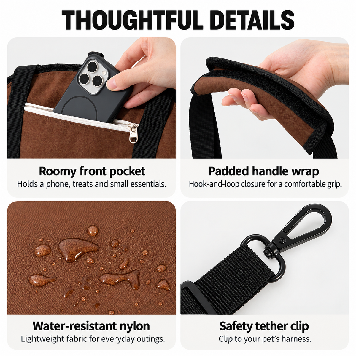Carrier front pocket, padded strap wrap, fabric and harness tether