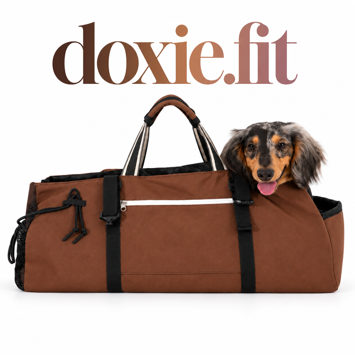 Brown three-way dachshund carrier on a white doxie.fit cover