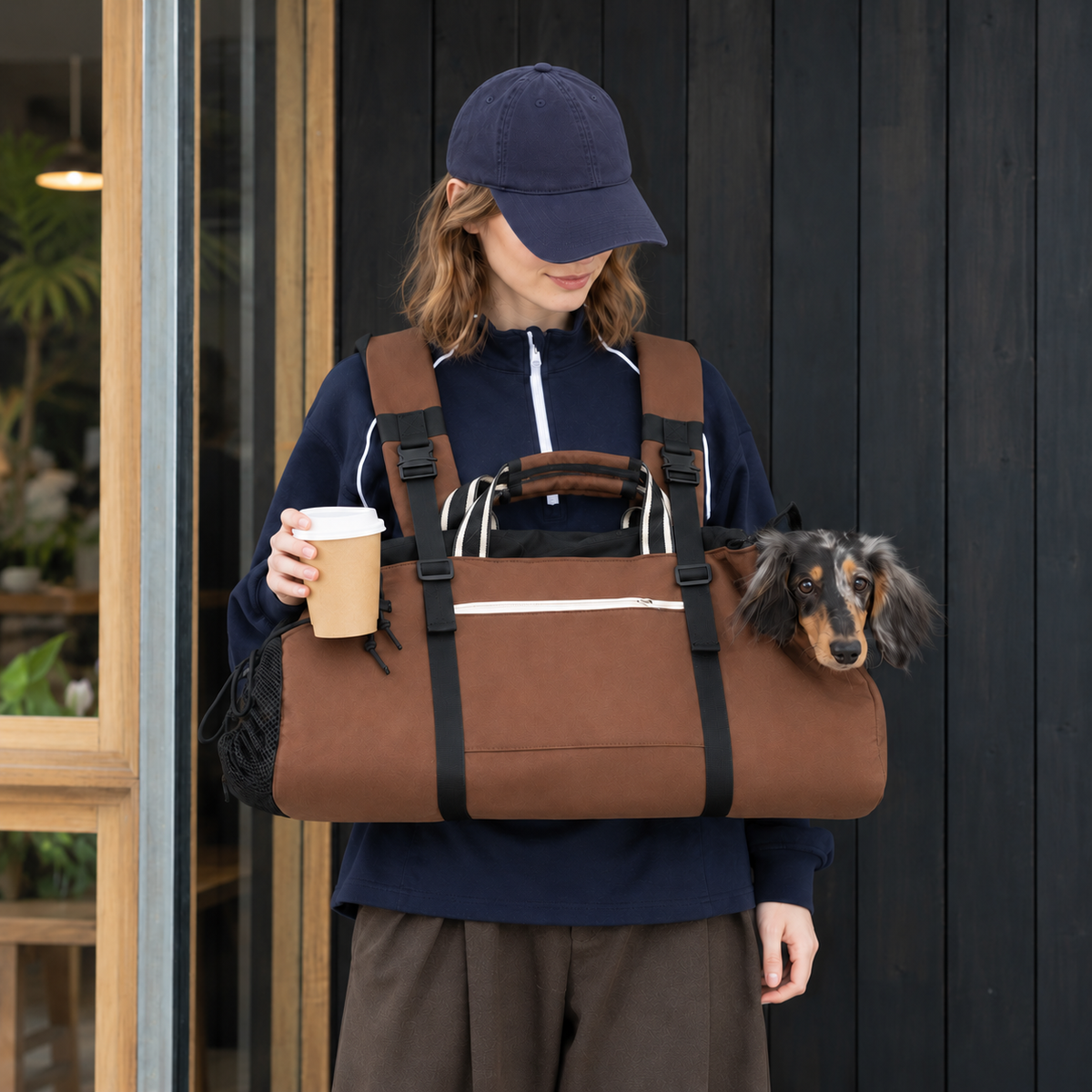 Brown three-way carrier worn on the front with a dachshund