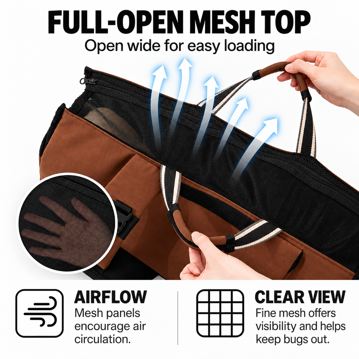 Wide-opening mesh top with visible ventilation panels