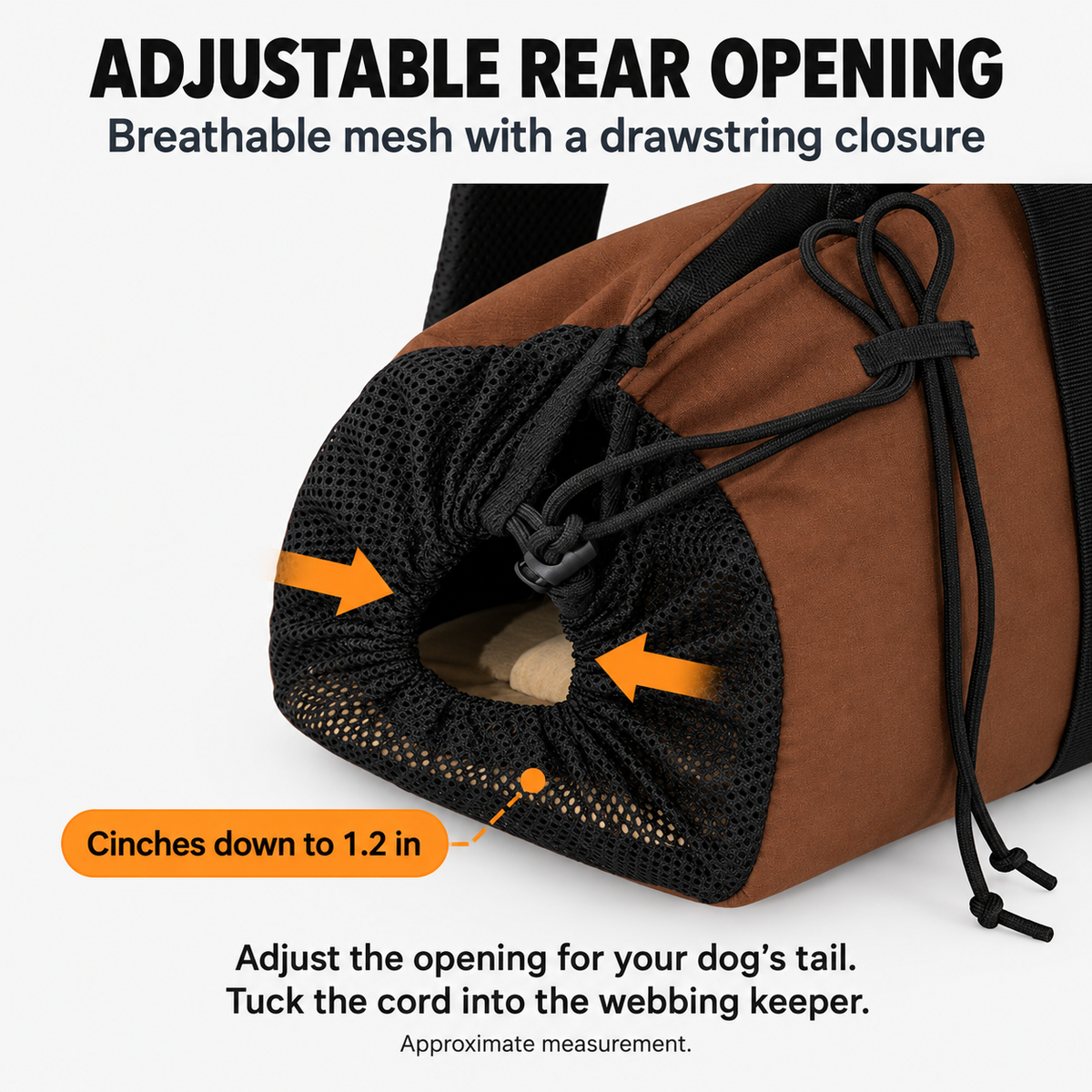 Adjustable rear mesh opening with a drawstring and cord keeper
