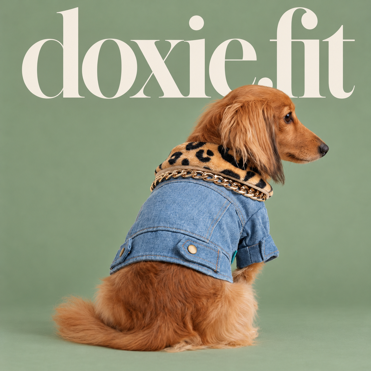 Back view of the denim dog jacket showing its leopard-print collar and gold-tone chain