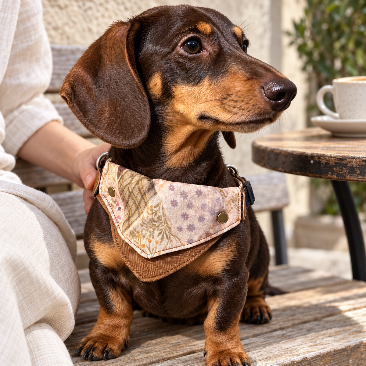 AI-composited product lifestyle image showing the Patchwork Denim Harness worn by a dachshund beside its owner at a cafe