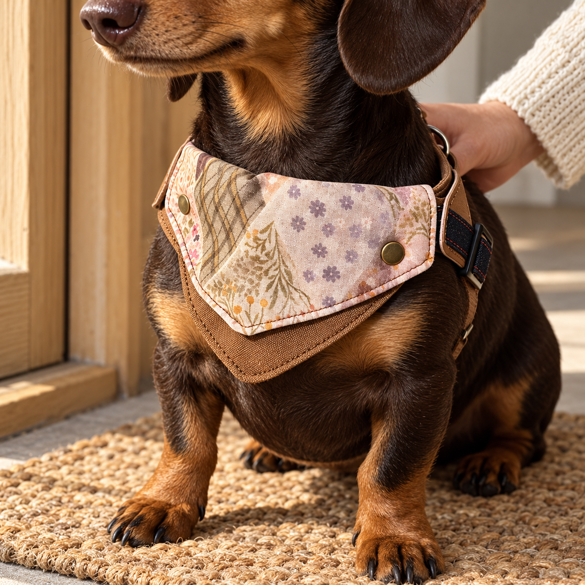 AI-composited close-up of the Patchwork Denim Harness fabric, brass snaps and layered front worn by a dachshund at a home doorway