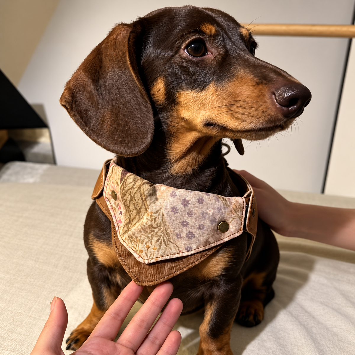 Chocolate and tan dachshund wearing the floral Patchwork Denim Harness, front three-quarter view