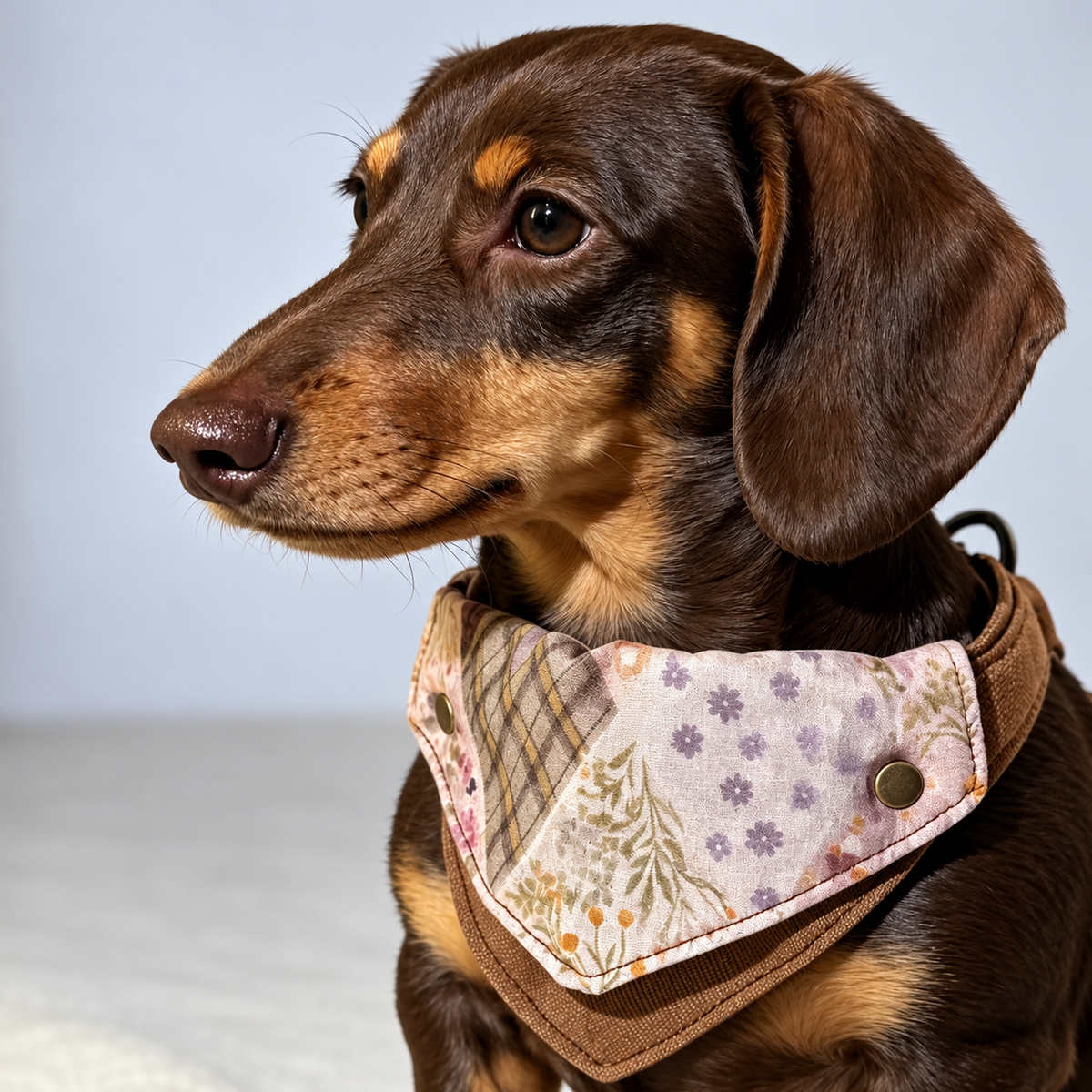 Close-up of the floral chest panel, brass snaps and brown fabric on the Patchwork Denim Harness