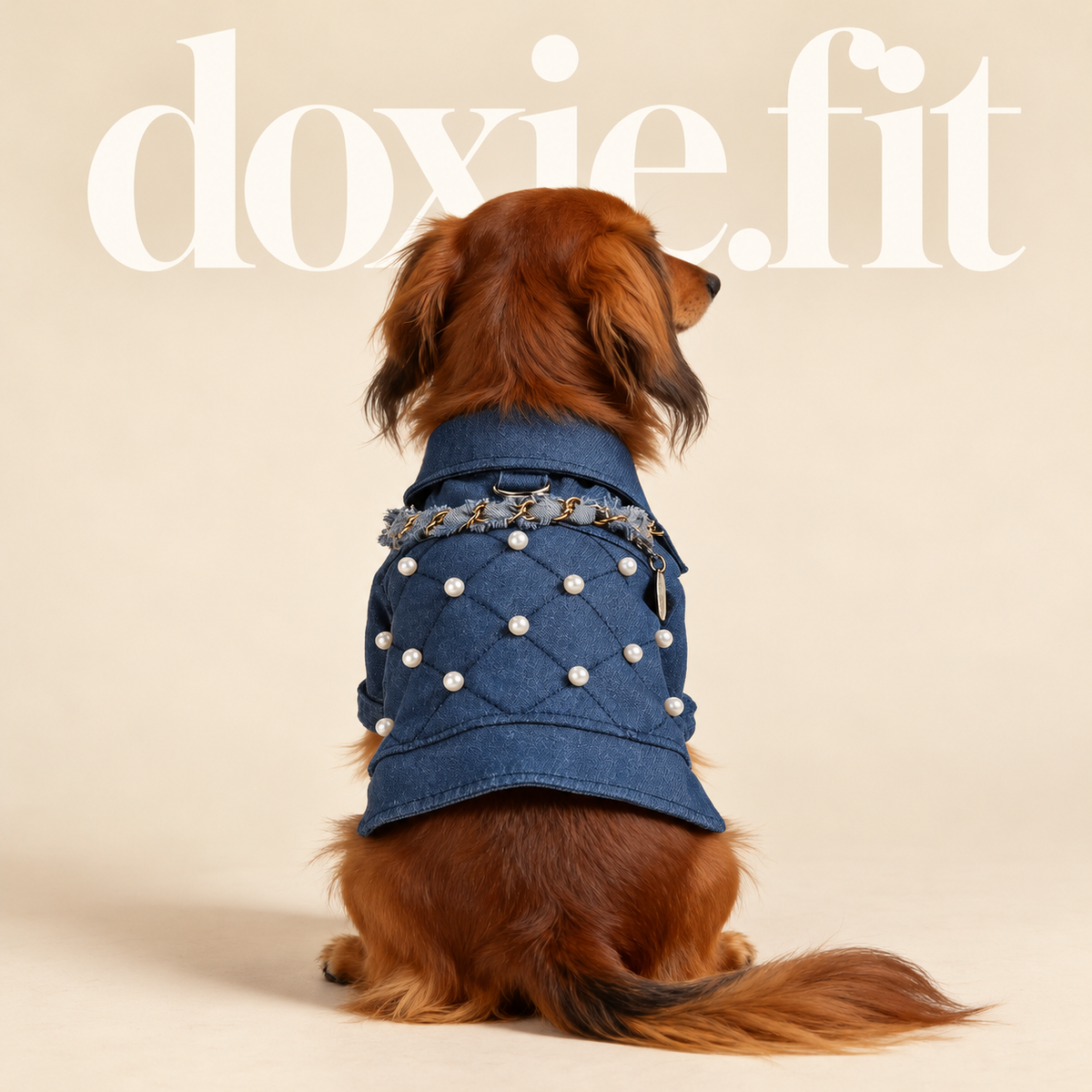 Back view of the Pearl & Chain denim dog jacket with diamond stitching and pearl-style accents