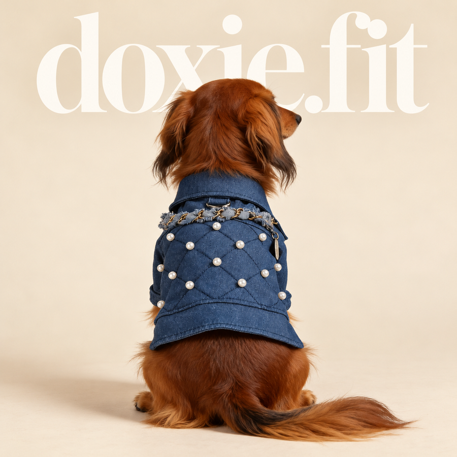 Back view of the Pearl & Chain denim dog jacket with diamond stitching and pearl-style accents