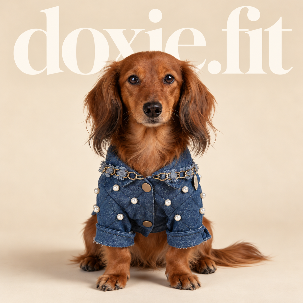 Front view showing the Pearl & Chain denim dog jacket's collar and buttons