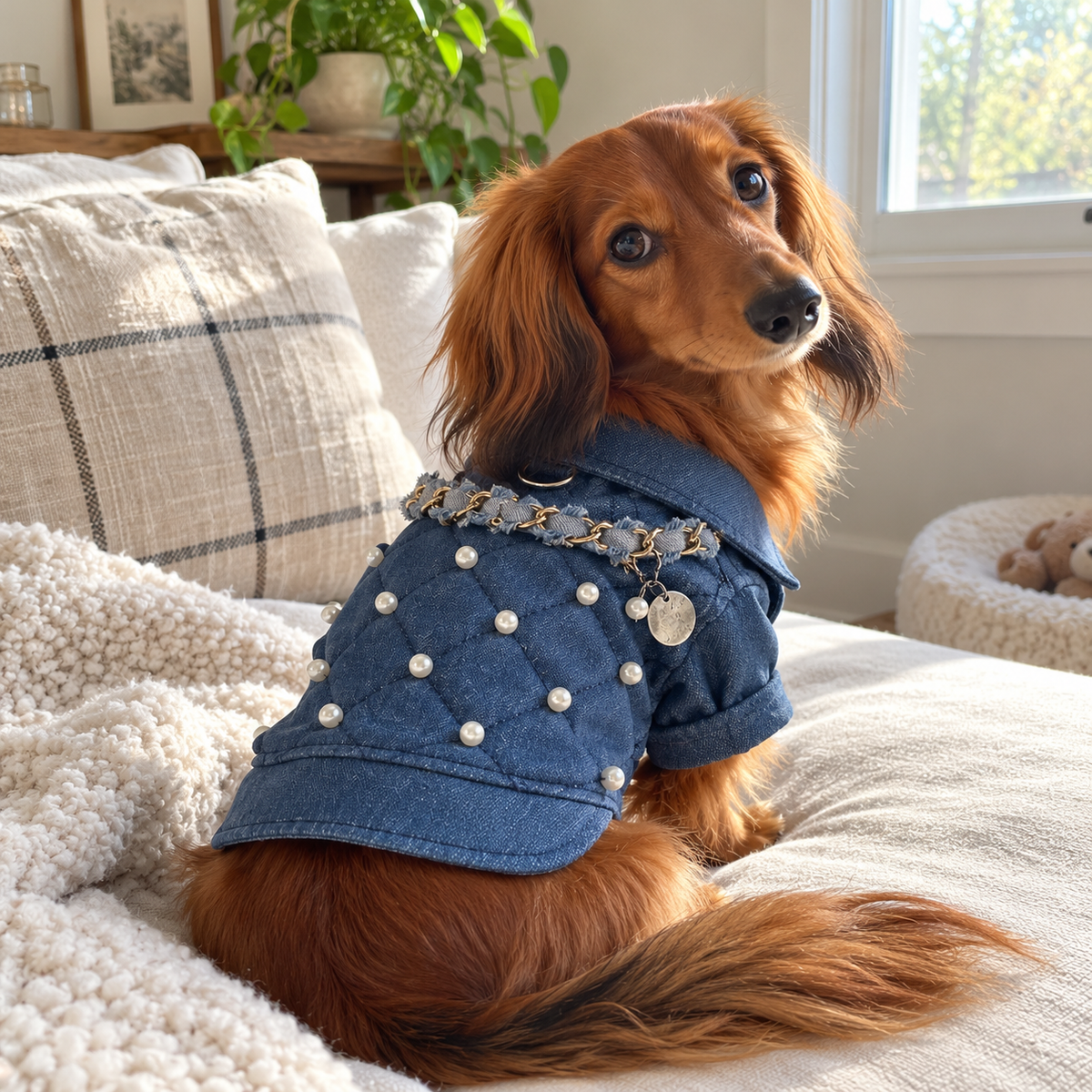 Dachshund on a sofa in the Pearl &amp; Chain jacket
