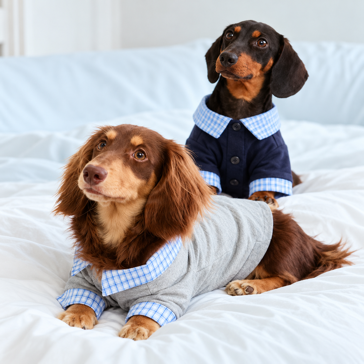 Two dachshunds on a bed, one in the gray polo and one in the navy