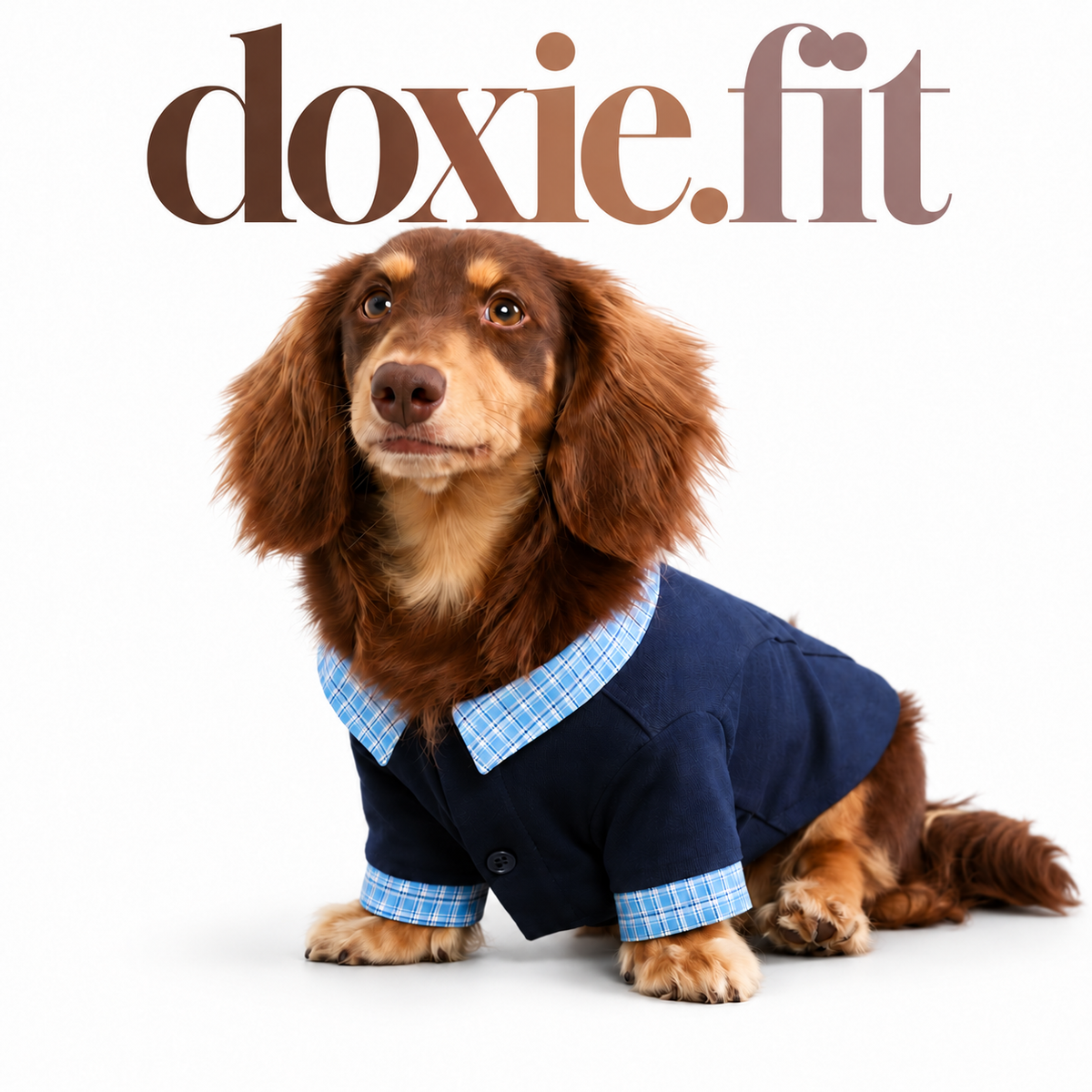 Gingham-Collar Knit Polo on a dachshund, white studio background with centered gradient doxie.fit wordmark