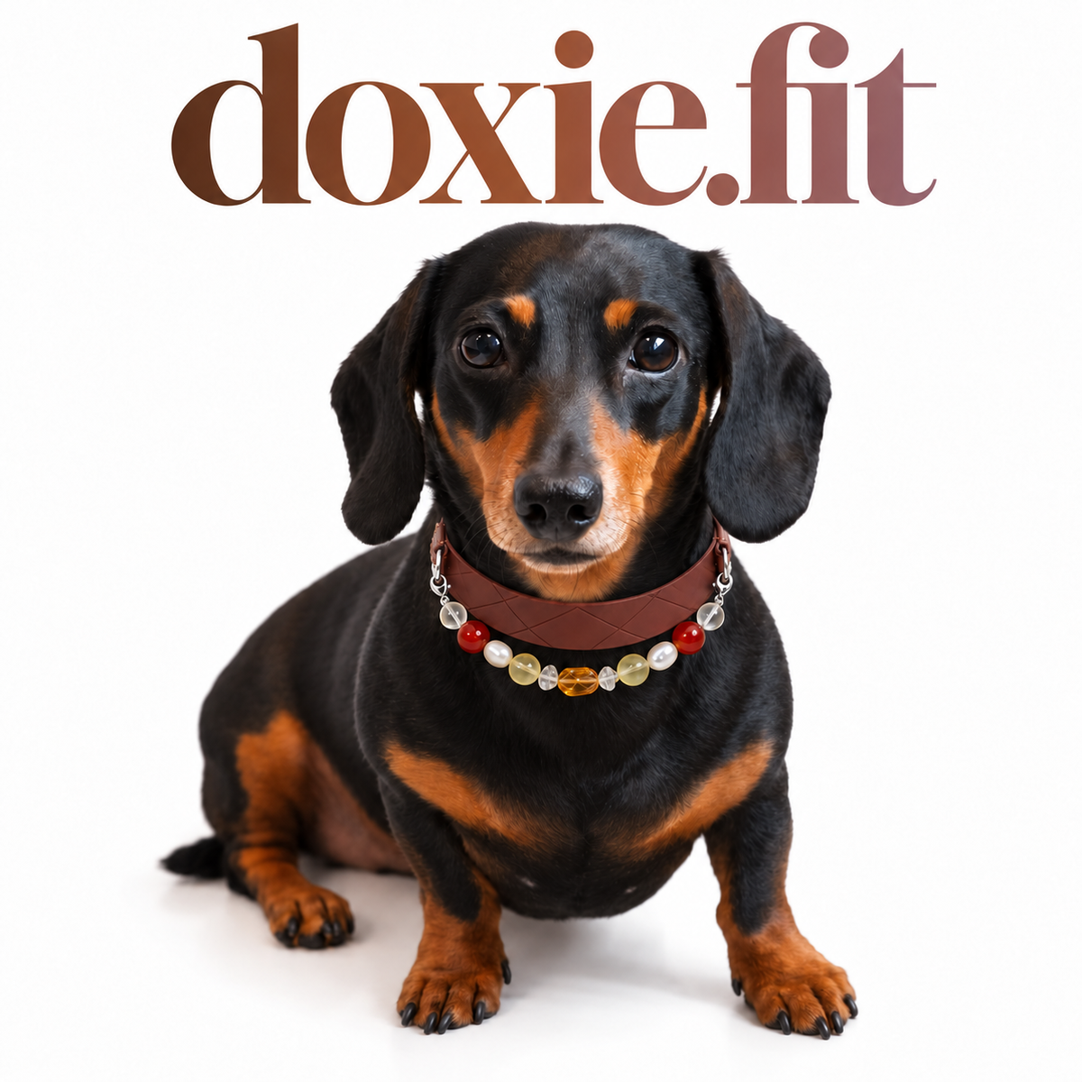 DoxieFit cover featuring a black-and-tan dachshund with a dark brown leather collar and red, yellow and clear beads; photo composite.