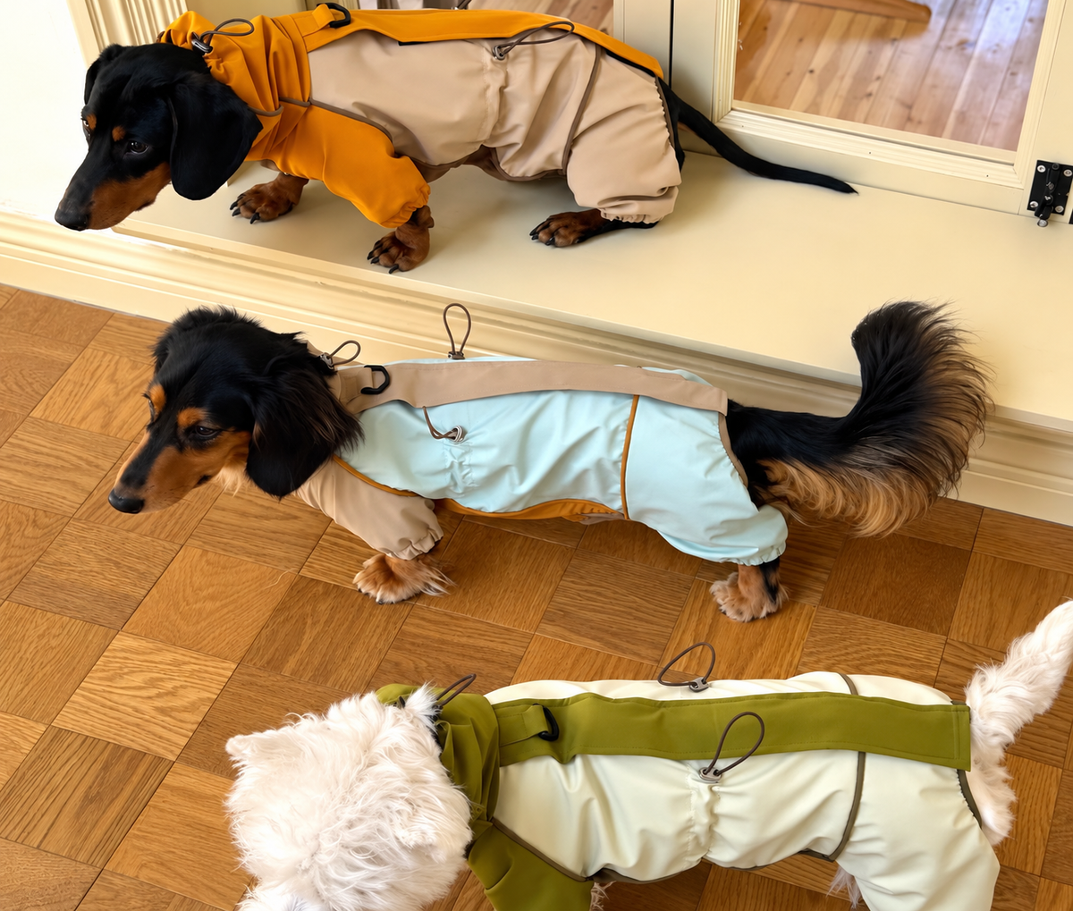 Three dachshunds wearing the suit in all three colorways