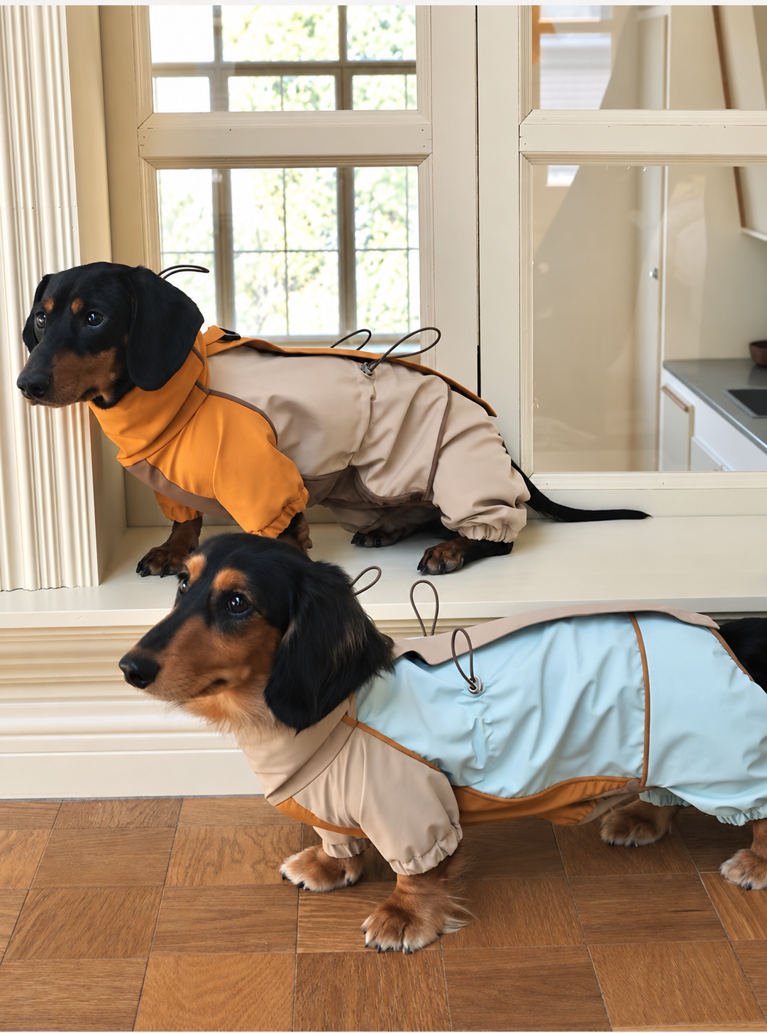 Two dachshunds by a window in the Mustard / Taupe and Sky / Taupe suits