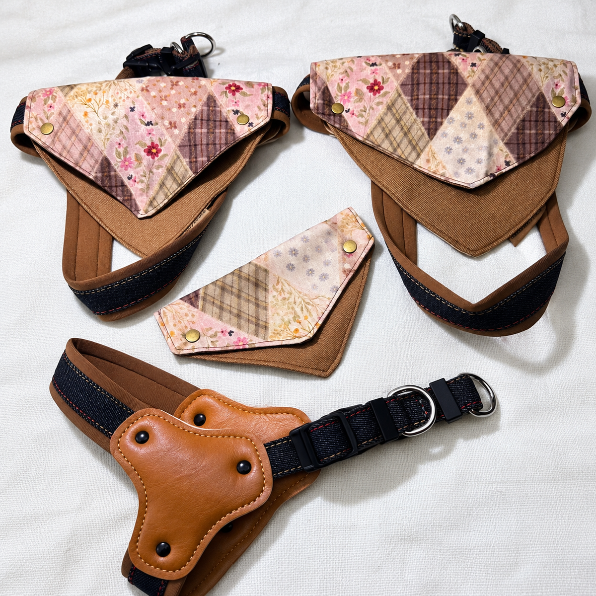 Patchwork Denim Dog Harness with its floral and checked patchwork front