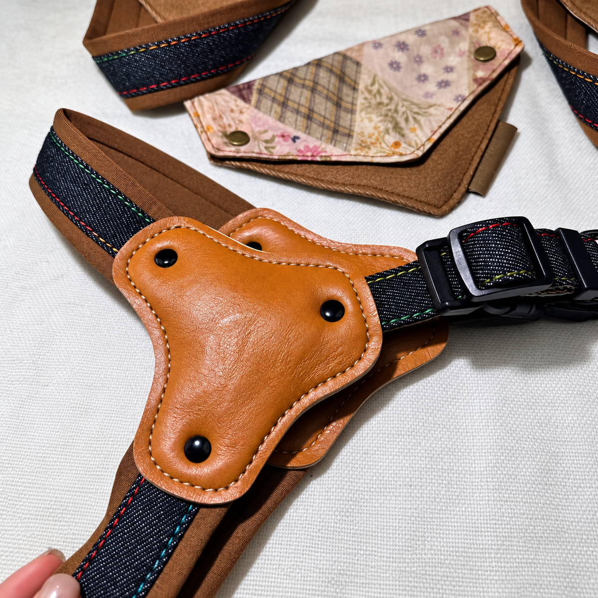 Webbing straps and quick-release buckle on the Patchwork Denim Dog Harness